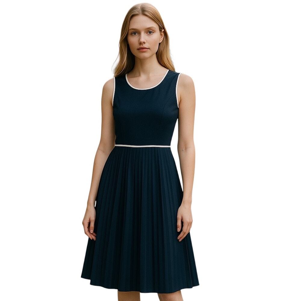 Vintage 60s Style David Barr Black and White Pleated Skirt Sleeveless Dress-8-10